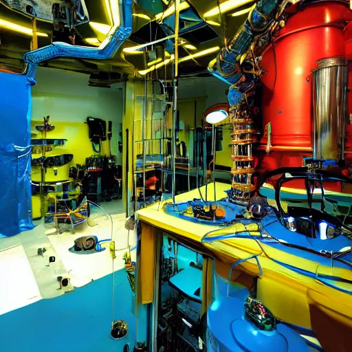 Image similar to interior of alien laboratory with strange device at the center of a room, bright colors, photo
