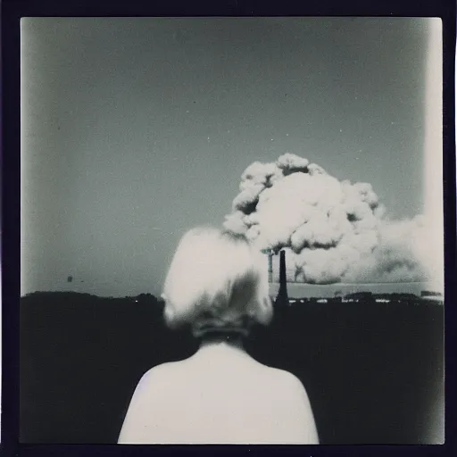 Image similar to an aged polaroid photo of a young woman seen from behind, a nuclear bomb explosion in the horizon, high contrast, film grain, color bleed