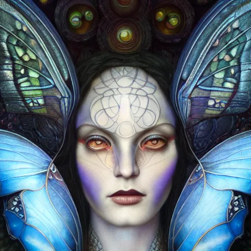 Prompt: beautiful closeup portrait of an art deco faerie queen, glowing eyes. reflective detailed textures, moth wings, highly detailed dark fantasy science fiction painting by tom bagshaw and michael whelan and diego rivera and annie swynnerton and jean delville and moebius and evelyn de morgan and syd mead, elaborate geometric ornament, ancient runes, silver and cool colors. artstation