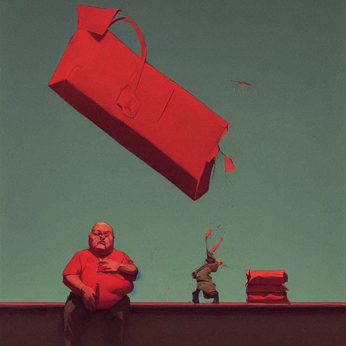 Prompt: melting old fat man portrait with a white paper bag over the head, dressed in red paper bags, holding stack of green paper bags, highly detailed, artstation, art by ian mcque, ilya kuvshinov, zdislav beksinski, wayne barlowe, edward hopper