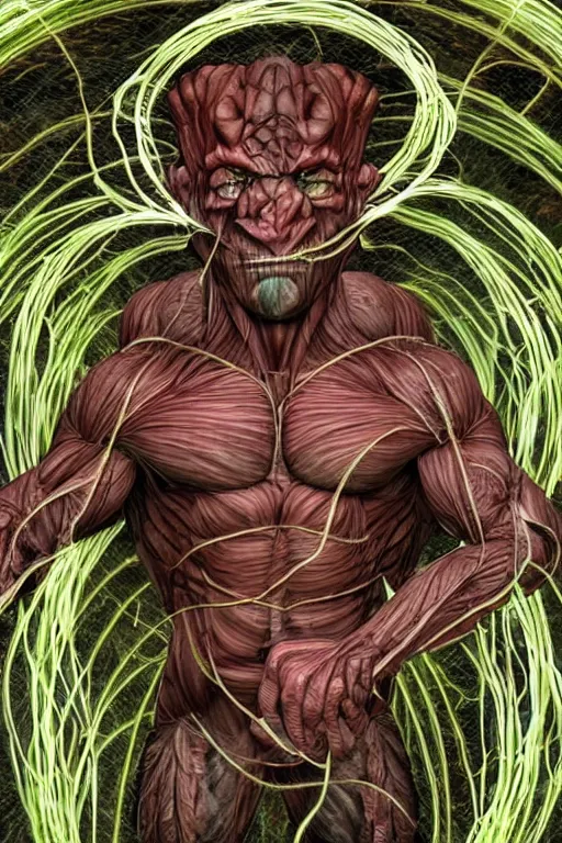 Image similar to muscular creature, veins, troll, fishlike, gills, dragonlike, grown together, overgrown, electronic wires, god rays, dark, skin, plastic wrap,