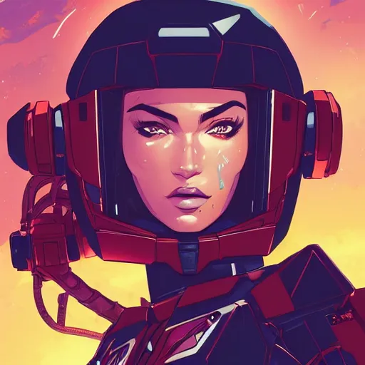 Prompt: a portrait of a stunning beautiful elite megan fox gundam pilot, with an intricate, detailed, urban inspired hiphop afro futuristic helmet, vector behance hd jesper ejsing, rhads, makoto shinkai, lois van baarle, ilya kuvshinov, rossdraws, hd, 3 2 k, ilya kuvshinov, gustav klimt