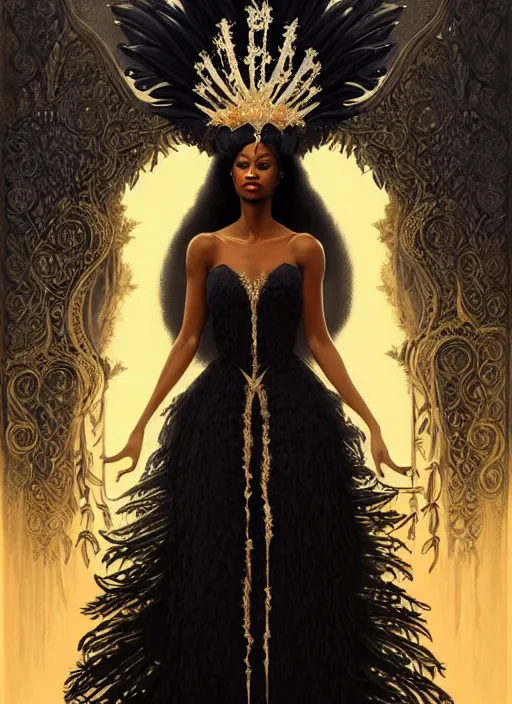 Image similar to full body portrait of beautiful black woman as the swan queen, glowing crown, beautiful flowy feathered gown, intricate white lilies, beautiful baroque lace detail, highly detailed, digital painting, artstation, concept art, smooth, sharp focus, illustration, art by wlop, mars ravelo and greg rutkowski