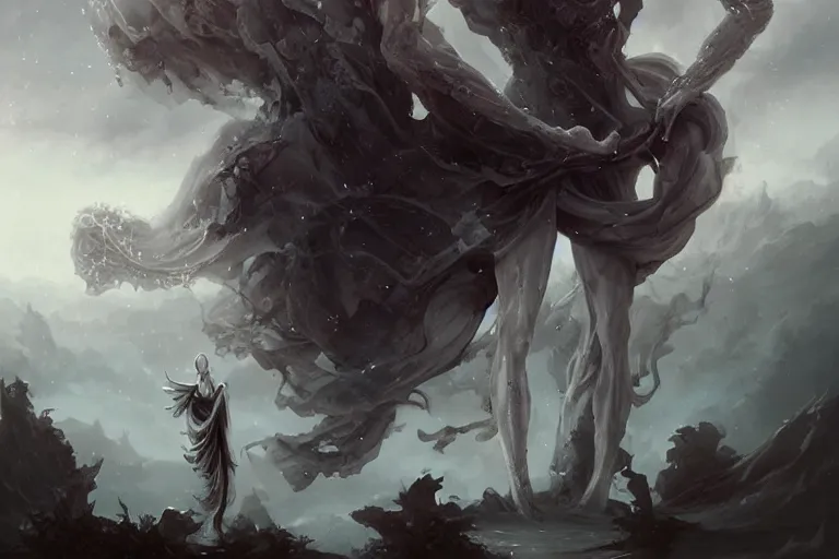 Prompt: a humanoid creature with pale white skin and a gaunt face. the creature is bald. the god of imagination. it is wearing a black flowing cloak that looks like mist. it is crafting an imaginary world. cosmic horror. art by peter mohrbacher.
