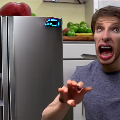 Prompt: still from a velociraptor's vlog, the velociraptor complaining about his samsung refrigerator