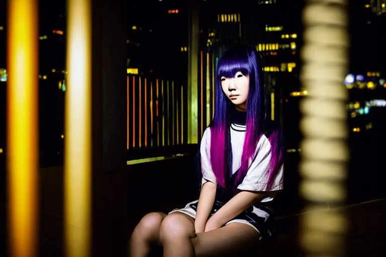 Prompt: photography masterpiece by haruto hoshi and yang seung woo, flash photography, portrait of a young japanese woman with dyed hair sitting in a in a kyabakura night club, shot on a canon 5 d mark iii with a 3 5 mm lens aperture f / 5. 6, dslr, hd, full res, 4 k