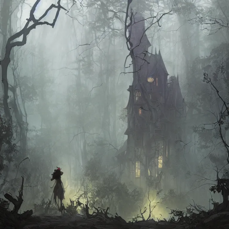 Image similar to a lone figure standing in front of a haunted victorian house in a dense dark forest, concept art, by Peter Mohrbacher and Alphonse Mucha, detailed, style, 8k, trending on artstation, unreal engine 4k, detailed, clean background trending, full shot, symmetrical portrait, sophisticated, Unreal engine, dystopia, anti-utopia, post processing, psychadelic