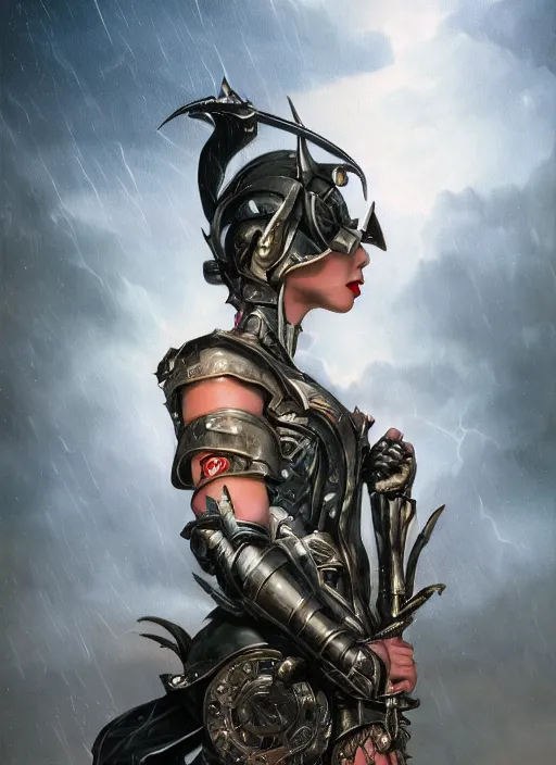 Prompt: dynamic over the shoulder pose! symmetry! closeup portrait of a biblical diabolical pirate hunter girl, stylish cyborg armor, in clouds, strong studio lights, thunder, rain! storm, sunset, by gerald brom, by mikhail vrubel, by peter elson, high contrast, muted colors, extreme detail, mirrors, trending on artstation, 8 k