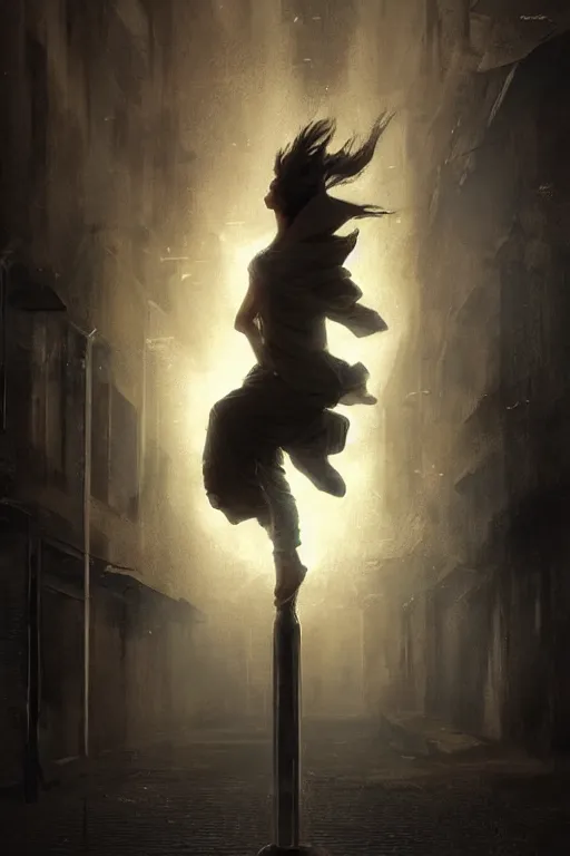 Image similar to street dancer in the wind by artgem and greg rutkowski, light cone, reimagined by industrial light and magic
