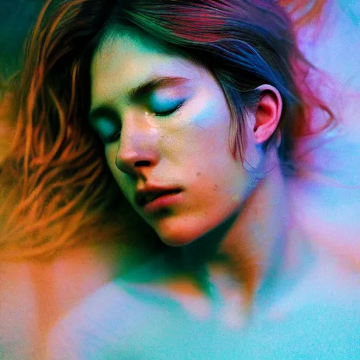 Prompt: holga hasselblad, 8K,ARTSTATION, Ryan McGinley, color light, volumetric lighting, highly detailed, britt marling style 3/4 , extreme Close-up portrait photography of young model with eyes closed eyelids, Realistic, Refined, Highly Detailed, outdoor soft pastel lighting colors scheme, outdoor fine art photography, Hyper realistic, photo realistic