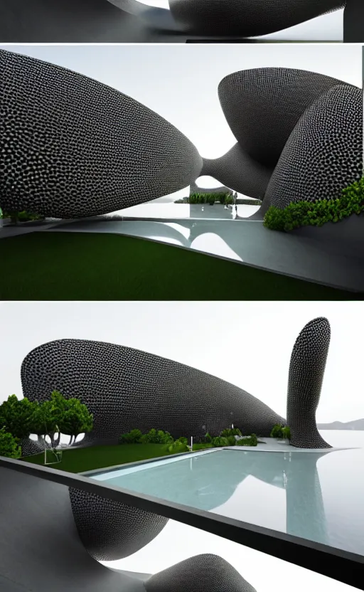 Image similar to villa parametric architecture fluid design, rhizomorph structure, vincent callebaut well - defined style, ultra detailed, monochromatic, natural lighting, volumetric lighting, generative art nebula, cinematic, photo realistic, hyper real, surreal design, flow everywhere, walls made of crystal clear water, droplets on the walls, black metal, magnesium, 8 k,