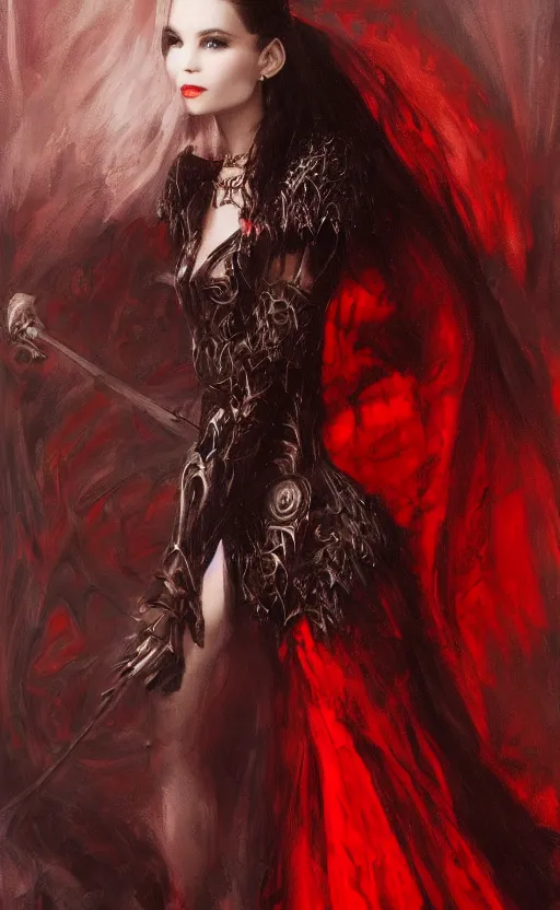 Prompt: Gothic princess in dark and red dragon armor. By Konstantin Razumov, Fractal flame, chiaroscuro, highly detailded