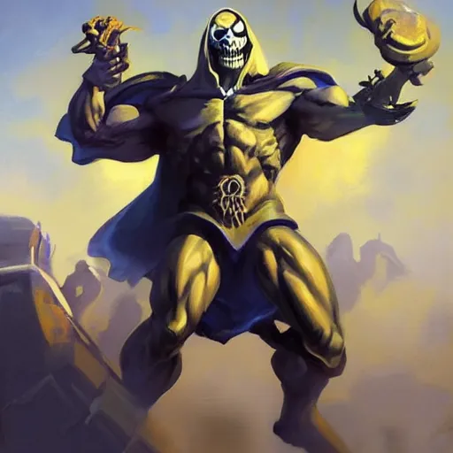 Image similar to greg manchess portrait painting of powerful skeletor the master of the universe as overwatch character, medium shot, asymmetrical, profile picture, organic painting, sunny day, matte painting, bold shapes, hard edges, street art, trending on artstation, by huang guangjian, gil elvgren, ruan jia, greg rutkowski, gaston bussiere