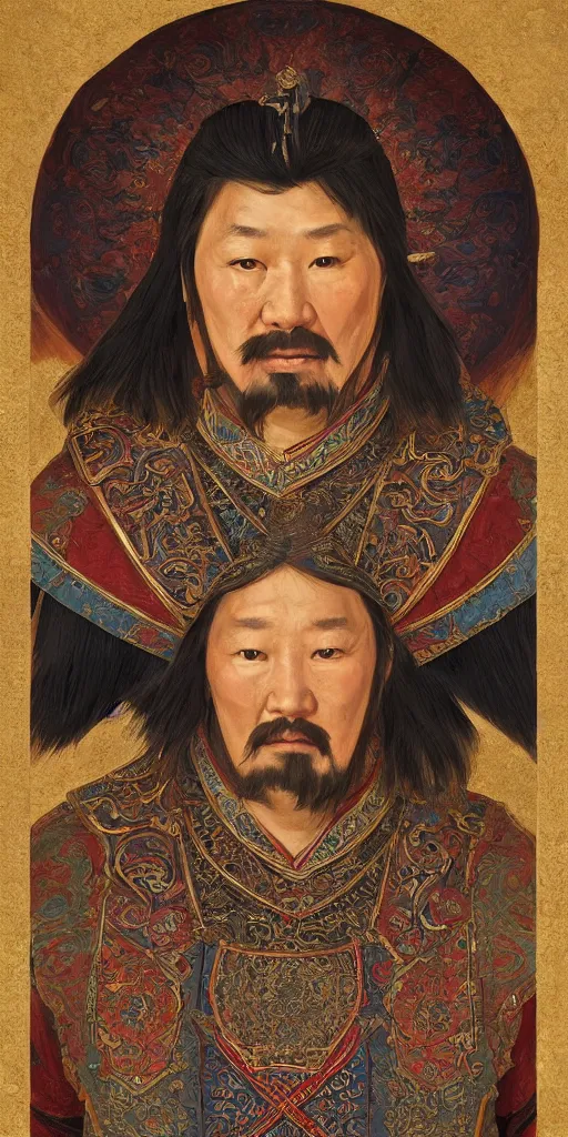 Image similar to a stunning and noble highly detailed romantic period style portrait of Genghis Khan by Josep Tapiró Baró, trending on artstation, oil painting masterpiece, symmetry, fractals, Mongolian iconography