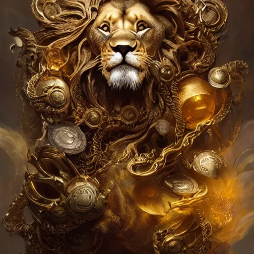 Image similar to a beautiful detailed 3 d matte of a alchemist lion, by ellen jewett, by tomasz alen kopera, ominous, magical realism, texture, intricate, skull, skeleton, gold coins, money, whirling smoke, alchemist bottles, radiant colors, fantasy, volumetric lighting, high details