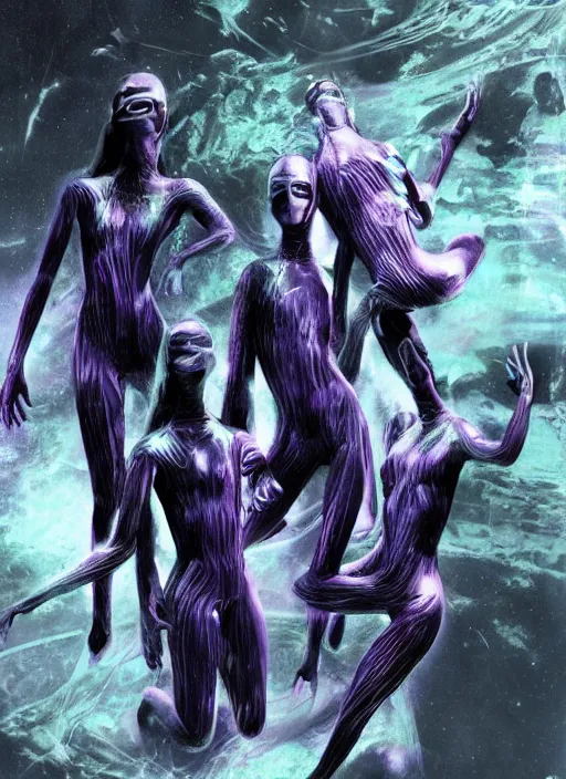 Image similar to astronauts girls in dark void underwater - complex and hyperdetailed technical suit design. reflection and dispersion materials. rays and dispersion of light. volumetric light. f / 3 2. noise film photo. flash photography. ultra realistic, 5 0 mm. poster by wayne barlowe, hajime sorayama aaron horkey, craig mullins