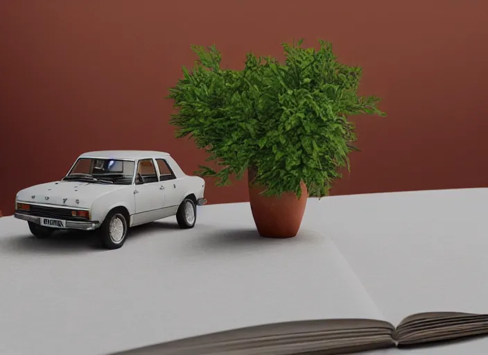 Image similar to a small miniature of a Ford Cortina 1980 on a white table near a book and a vase with a plant, 3d render, octane render, unreal engine 5, path tracing, serene landscape, calm, relaxing, beautiful landscape, highly detailed, high quality, 4k, symmetrical, low contrast