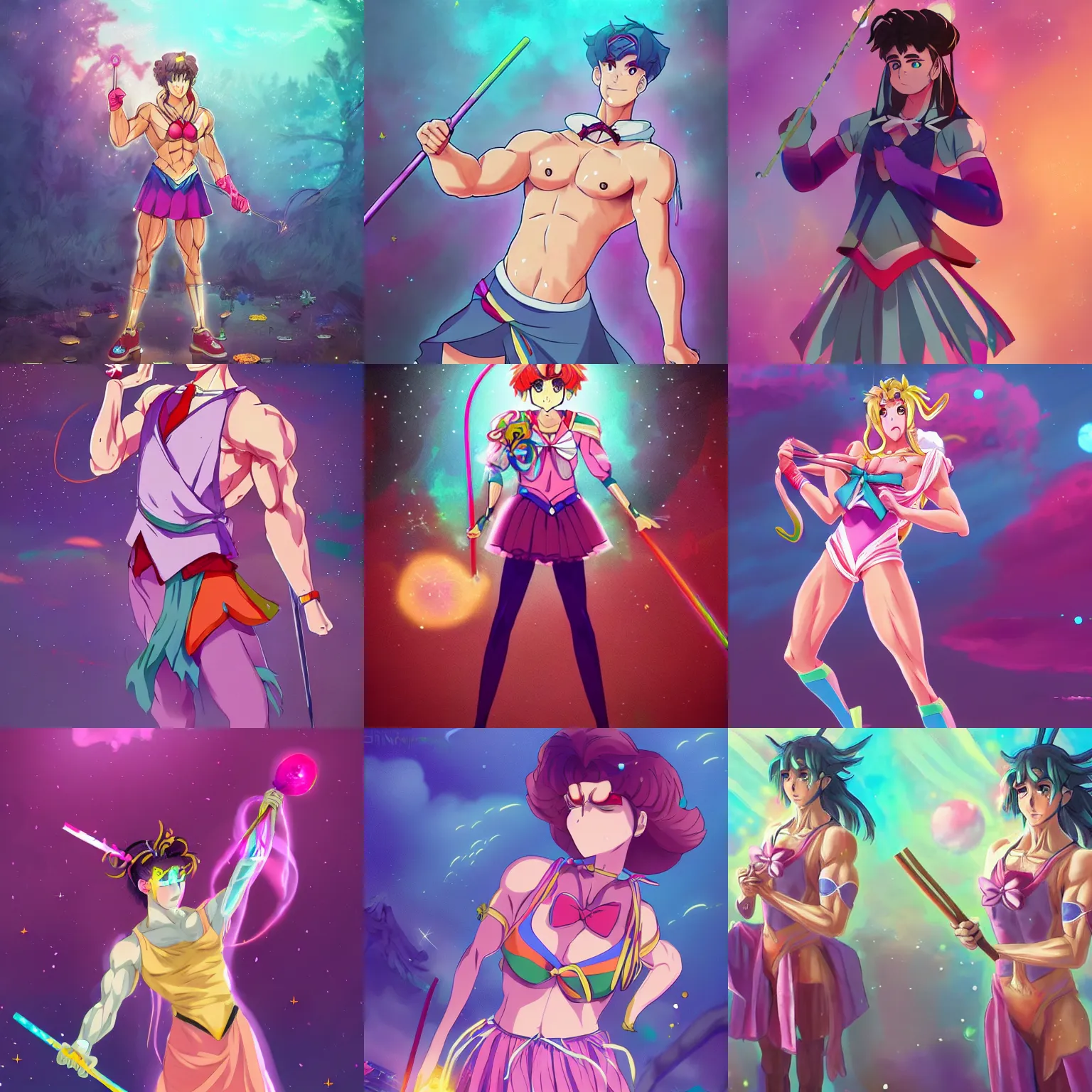 Prompt: crossdressing magical man in anime style, colorful dress, transformation, transvestite, holding wands, illustration, very hairy, muscular, full body, workout, male, body builder, digital painting, artstation, simon stalenhag, epic, stunning, rainbows, sailor moon, hdr, highly detailed