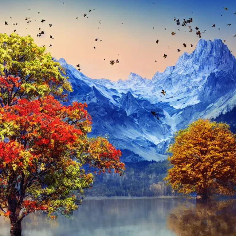 Image similar to a beautiful awesome artistic tree with falling flowers like leaves and many birds, all in the amazing outdoors view, mountain in the background, lake, long exposure, 8 k resolution, trending on artstation