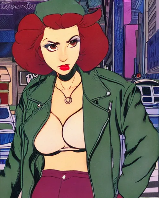 Image similar to portrait of an attractive young female protagonist wearing leather jacket, center focus, in city street, detailed artwork by ralph bakshi