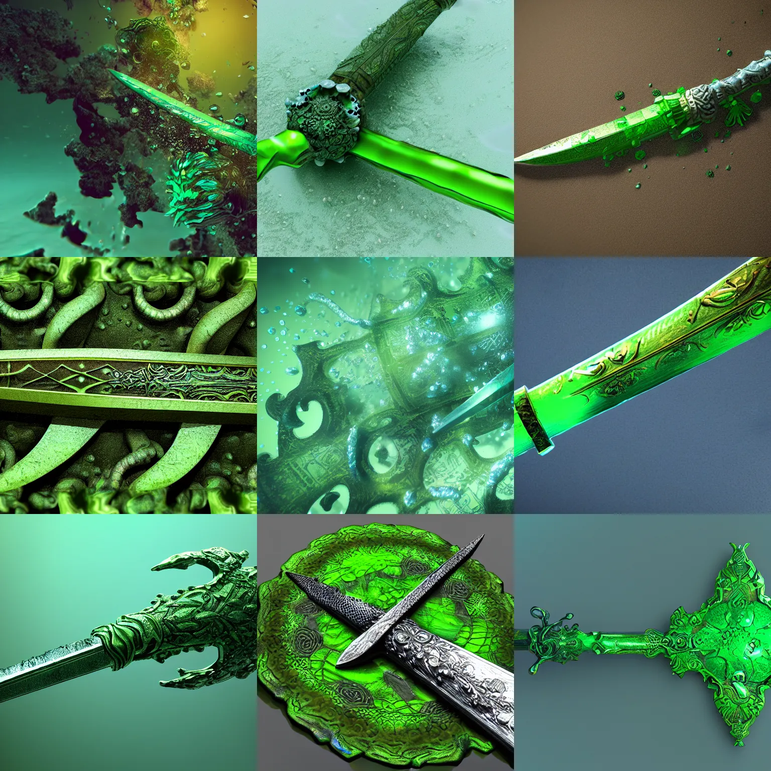 Prompt: an intricate green sword underwater, 4k octane render