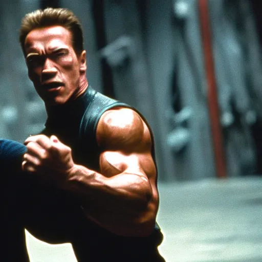 Prompt: film still of Arnold Schwarzenegger fighting an agent, The Matrix, 4k