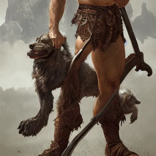 Prompt: portrait of a gruff ranger carrying the holy lance of longinus, Cain, muscular, hairy torso, a wolfish dog at his feet, intricate, elegant, highly detailed, digital painting, artstation, concept art, matte, sharp focus, illustration, art by Artgerm and Greg Rutkowski and Alphonse Mucha