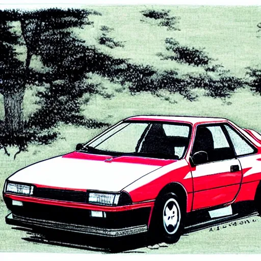 Image similar to black AE86 Trueno red glowing drawn by Shuichi Shigeno and Michiharu Kusunoki pen ink drawing