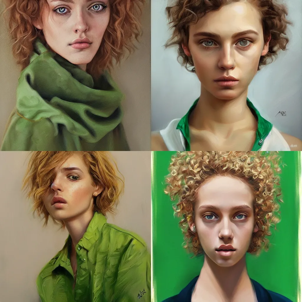Prompt: short curly blonde haired girl, green eyes, highly detailed, beautiful portrait by Aykut Aydogdu, hopare