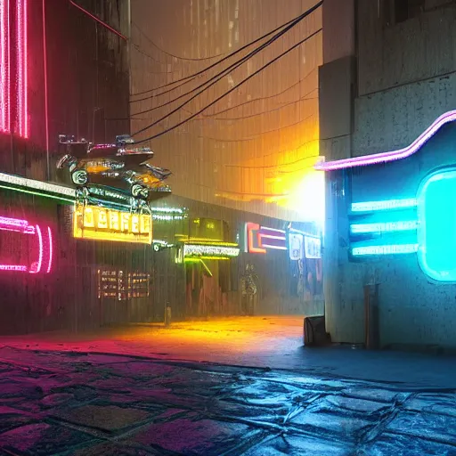 Image similar to cybernetic neon lit ndebele homestead seen from the front, street scene in blade runner, highly detailed, octane rendered