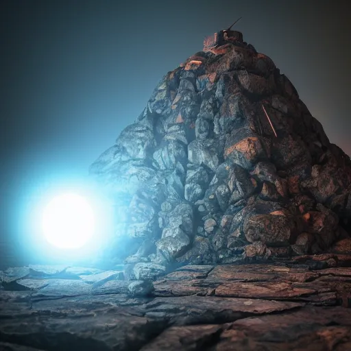 Prompt: maximalist render of a machine the size of a mountain standing alone in a dark room light by a spotlight, V-Ray, Octane Render, Unreal Engine, 8k