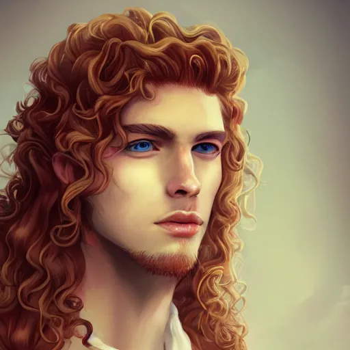 Prompt: portrait of Lucius the beautiful fantasy androgynous prince, long fluffy strawberry blond curly hair, clean and pretty, 8k, trending on artstation