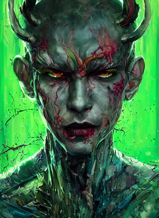 Image similar to a Demon Slayer portrait of Hyundai N Vision 74, tall, pale-skinned, slender with lime green eyes and long eyelashes by Stanley Artgerm, Tom Bagshaw, Arthur Adams, Carne Griffiths, trending on Deviant Art, street art, face enhance, chillwave, maximalist, full of color, glittering
