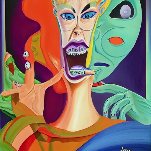 Image similar to a painting of a woman with a weird face, poster art by don bluth, behance contest winner, pop surrealism, concert poster, movie poster, poster art