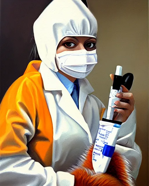 Image similar to oil painting portrait of anthropomorphic female fox animal dressed in labcoat, surgical mask covering mouth, holding syringe, fox animal, hospital in background, oil painting,