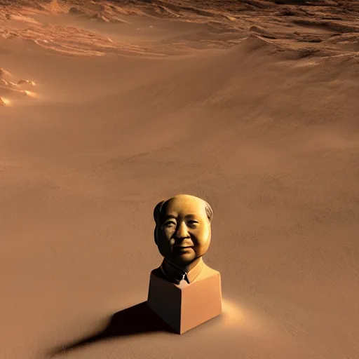 Image similar to a photo of mao zedong's sculpture on mars a made of resin, dramatic lighting, unreal engine 5 highly rendered, radiant light, detailed and intricate environment