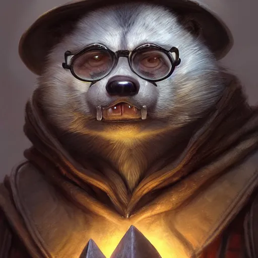 Prompt: a detailed portrait of a badger wizard with old glasses, by justin gerard and greg rutkowski, digital art, realistic painting, dnd, dungeons & dragons, character design, trending on artstation