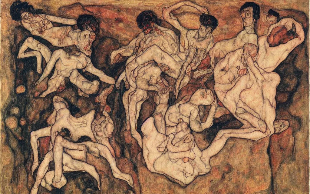 Image similar to a painting by egon schiele with influence of zdzisław beksinski, alfred kubin, oskar kokoschka, and egon schiele