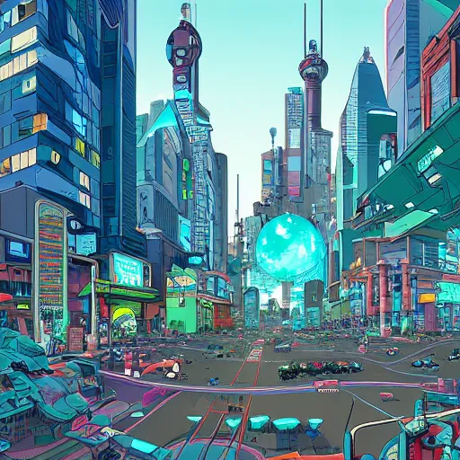 Prompt: busy street in the city of the future, wide shot, by josan gonzalez