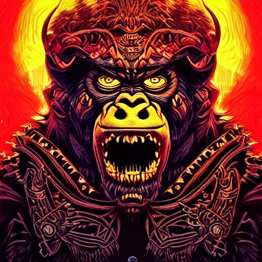 Image similar to barong family member, wiwek, mara demon, one single tribe member, jungle, one single mask, dark, ancient warrior, defiant gorilla, violence blood, satan, diablo, tribal, inner glow, art by dan mumford and justin gerard