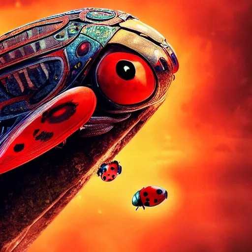 Image similar to film still, future ladybug ( ( descendants ) ), ladybug quadruped with big rgb eyes, huge ladybug mothership, epic cosmos, dramatic lighting, the the hobbit ( film ) blade runner ( film ) genre. imax, 7 0 mm.