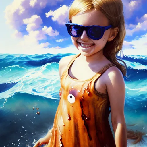 Prompt: Extremely Detailed and Full Portrait scene of Gooey Ocean scene in ink and refined sand, Wendy Thomas Wendys Mascot Girl with shades on face. wearing a sundress full body smiling by Akihito Yoshitomi AND Yoji Shinkawa AND Greg Rutkowski, Mark Arian trending on artstation