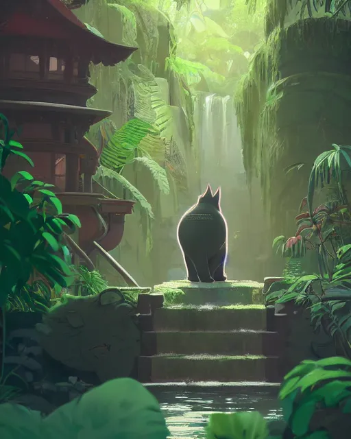 Prompt: a big cat guarding the entrance to a temple, lush vegetation, waterfalls, cory loftis, james gilleard, atey ghailan, makoto shinkai, goro fujita, character art, rim light, exquisite lighting, clear focus, very coherent, plain background, soft painting