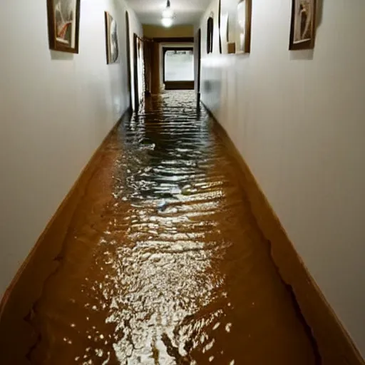 Image similar to flooded hallway in a cozy house, oddly familiar, liminal, unsettling,