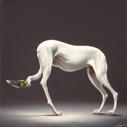 Prompt: A masterpiece portrait of a white greyhound. Greyhound is eating a steak with cutlery. Very detailed. intricate, elegant, highly detailed. trending on artstation, digital art, by Stanley Artgerm Lau, WLOP, Rossdraws, James Jean, Andrei Riabovitchev, Marc Simonetti, Yoshitaka Amano