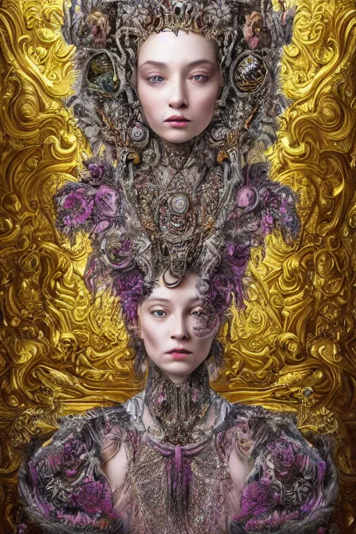 Image similar to hyper-realistic ultra-detailed maximalist and dramatic elegant luxury beautiful young empress portrait by igor goryunov and heidi taillefer inspired by andrei riabovitchev and patricio clarey Rendered by binx.ly 8k. Generative art. Fantastic realism. Scifi feel. Extremely Ornated. Intricate and omnious. Tools used: Blender Cinema4d Houdini3d zbrush. Unreal engine 5 Cinematic. Beautifully lit. No background. artstation. Deviantart. CGsociety.