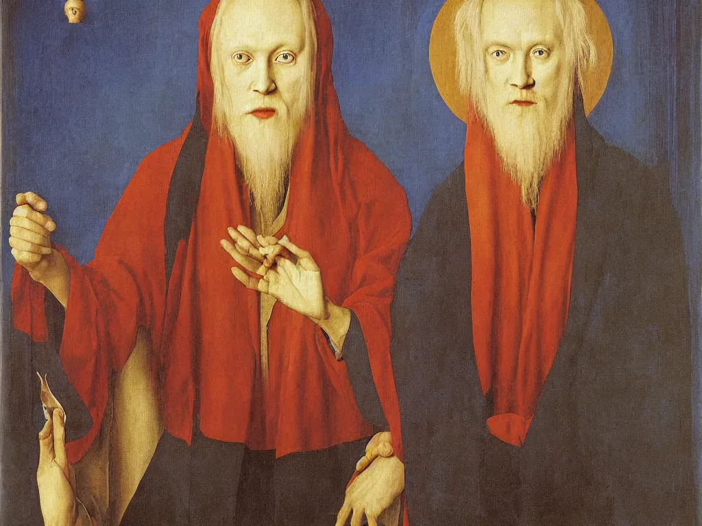 Image similar to Portrait of albino mystic with blue eyes, with Christian Orthodox icon. Painting by Jan van Eyck, Audubon, Rene Magritte, Agnes Pelton, Max Ernst, Walton Ford