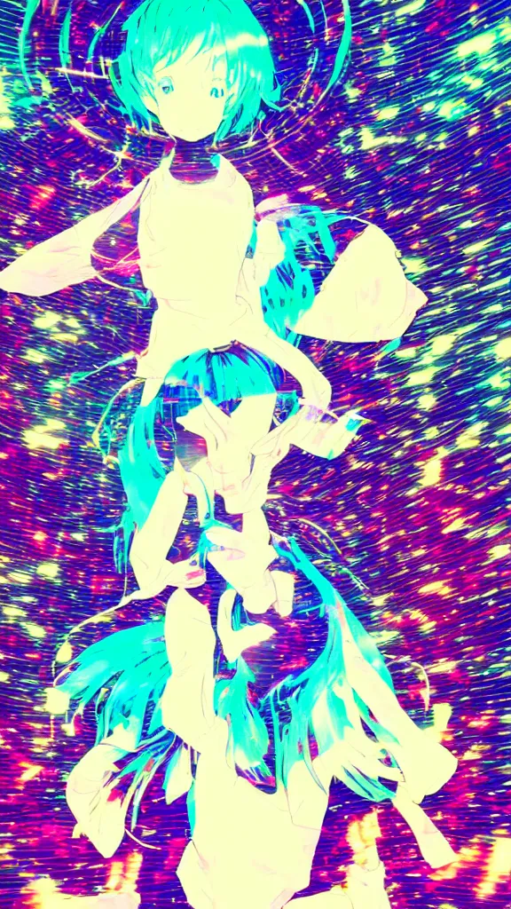 Image similar to Anime girl, glitchy, glitch art, Chromatic aberration, girl in white dress , halo over her head, nobody knows the future