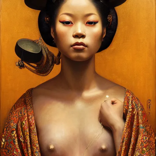 Image similar to highly detailed oil painting | very intricate | cinematic lighting | award - winning | the african geisha in an exquisite himba kimono | by roberto ferri, by tom bagshaw, by j. c. leyendecker and klimt, beautiful cinematic light, american romanticism, by austin osman spare, artstation, cgsociety, official art, octane