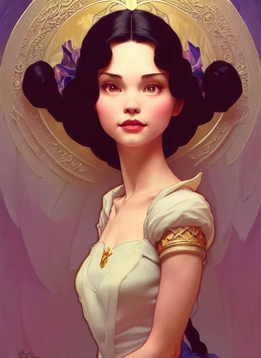 Image similar to portrait of disney snowhite, intricate, elegant, highly detailed, my rendition, digital painting, artstation, concept art, smooth, sharp focus, illustration, art by artgerm and greg rutkowski and alphonse mucha and uang guangjian and gil elvgren and sachin teng, symmetry!!